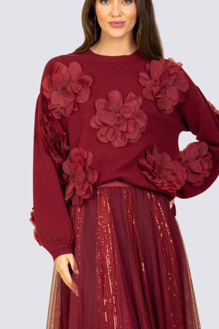 100% Merino Wool Round Neck Sweater with 3-D Floral Appliqué