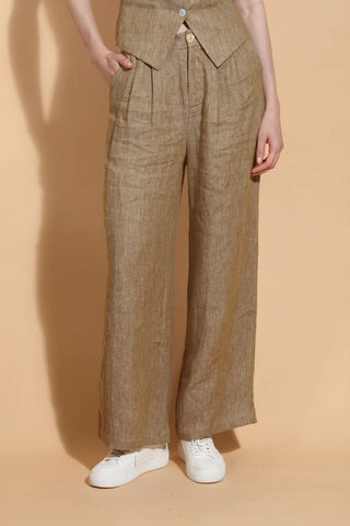 Ecru Linen Twill Wide Leg Pants