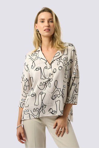 HAMMERED SATIN ABSTRACT FACE PRINT BOXY TOP