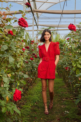 RED EYELETS BEADED BELT ROMPER