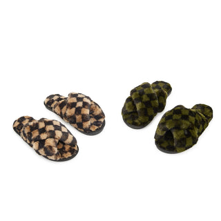 CHECK MATE SOFT AND FURRY CHECKERED SLIPPERS