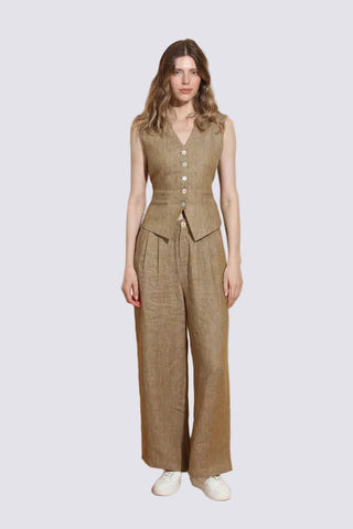 Ecru Linen Twill Wide Leg Pants