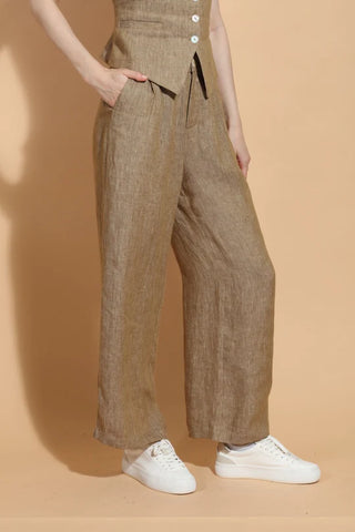Ecru Linen Twill Wide Leg Pants