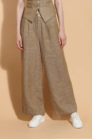Ecru Linen Twill Wide Leg Pants