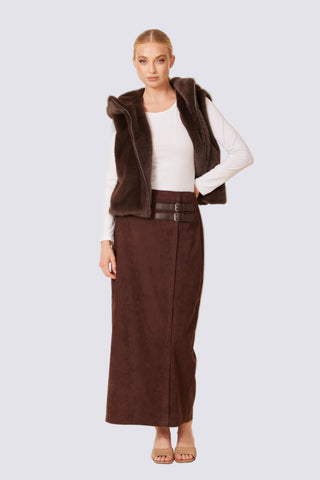 Faux Suede Side Buckle Long Skirt