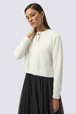 Feather Yarn Cardigan with Rhinestone Bow