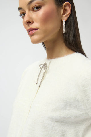 Feather Yarn Cardigan with Rhinestone Bow