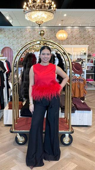 Cotton Blended Sleeveless Top with Ostrich Feather Trim