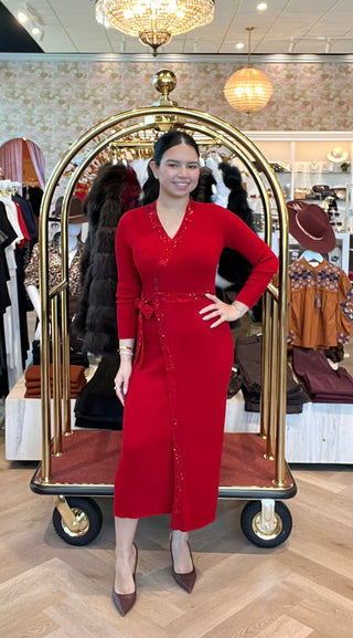 Rib Knit Wrapped Dress with Rhinestone Trim