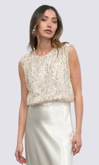 LIBERTY PADDED SHOULDER BUBBLE HEM SEQUIN TOP