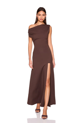 One Shoulder Gathered Front Slit Dress