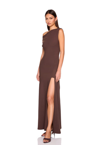 One Shoulder Gathered Front Slit Dress