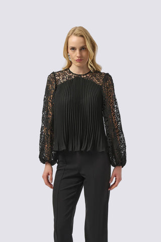 Pleated Chiffon Top WIth Floral Lace Sleeves