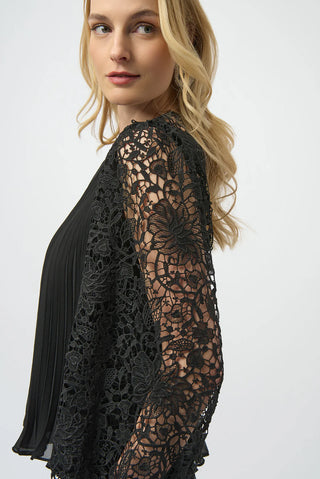 Pleated Chiffon Top WIth Floral Lace Sleeves