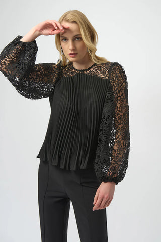 Pleated Chiffon Top WIth Floral Lace Sleeves