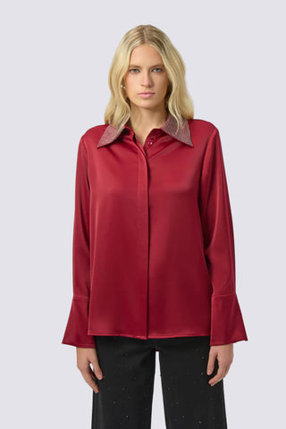 Satin Button-Front Blouse with Embellished Collar
