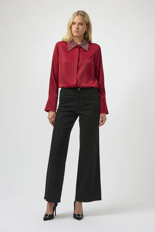 Satin Button-Front Blouse with Embellished Collar