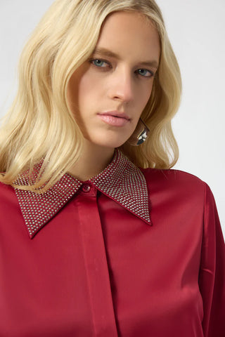 Satin Button-Front Blouse with Embellished Collar