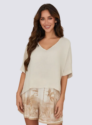 V-NECK LINEN DOLMAN SLEEVE CROP TOP