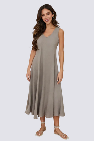 ITALIAN LINEN MAXI V-NECK DRESS MOCHA / L ITALIAN LINEN MAXI V-NECK DRESS MOCHA / L