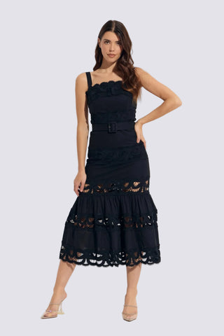 Tiered Lace Solid Cotton Belted ¾ Length Dress