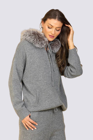 Zip up Knit Hoodie with Contrast Genuine Fur Trim