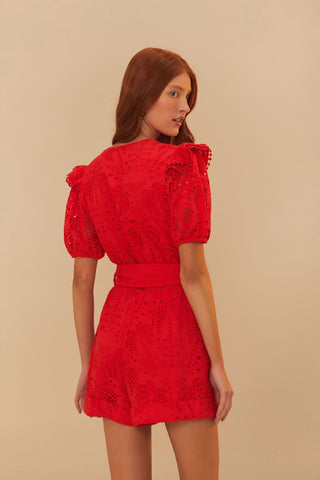 RED EYELETS BEADED BELT ROMPER