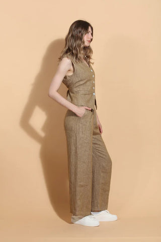 Ecru Linen Twill Vest With Adjustable Waist