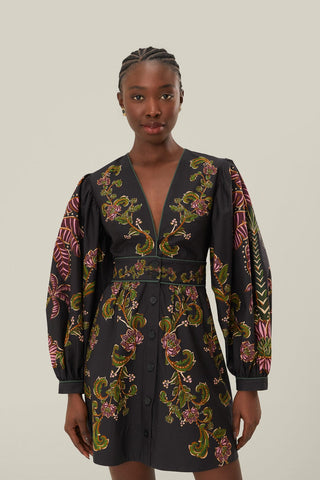 RAVENALA BLACK V NECKLINE PUFFED SLEEVE MINI DRESS