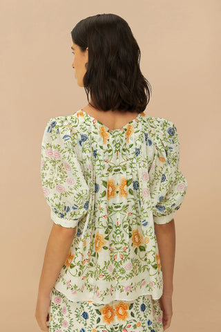 FOLK FLORAL OFF-WHITE SCOOP NECK SHORT SLEEVE BLOUSE