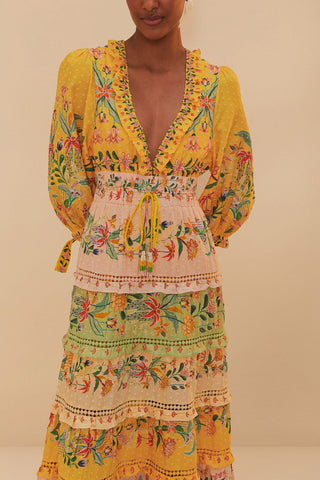 MIXED DELICATE FLOWERS LONG SLEEVE MAXI DRESS