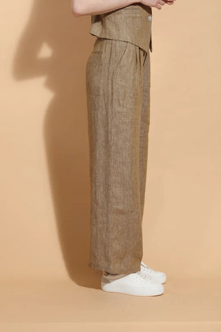 Ecru Linen Twill Wide Leg Pants