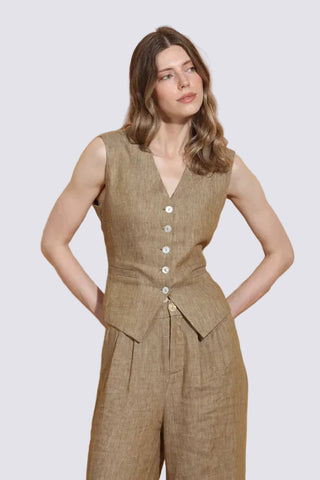 Ecru Linen Twill Vest With Adjustable Waist