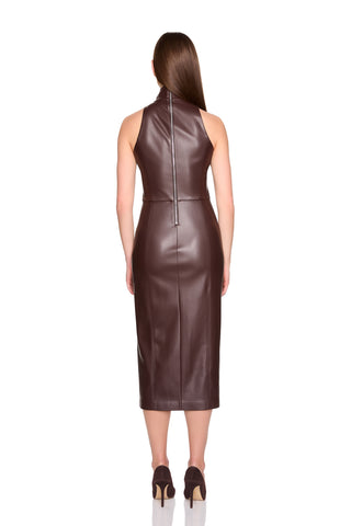 FAUX LEATHER MOCK SLEEVELESS SLIT DRESS