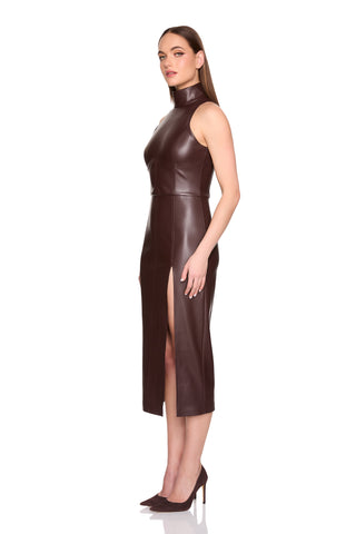 FAUX LEATHER MOCK SLEEVELESS SLIT DRESS