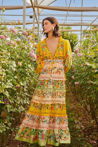 MIXED DELICATE FLOWERS LONG SLEEVE MAXI DRESS