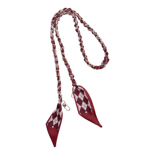 A burgundy and white argyle scarf chain necklace with two elongated diamond-shaped pendant charms and a silver-tone lobster clasp, shown on a plain white background.