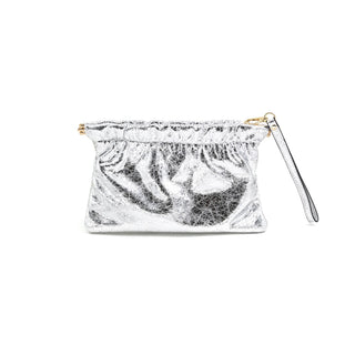 Silver glitter pouch with a wrist strap on a white background
